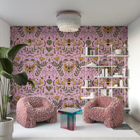 Wallpaper with various floral and animal motifs.

