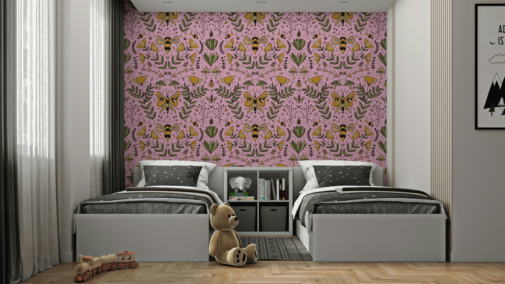 Bees Butterflies and Flowers wallpaper for a child's room.

