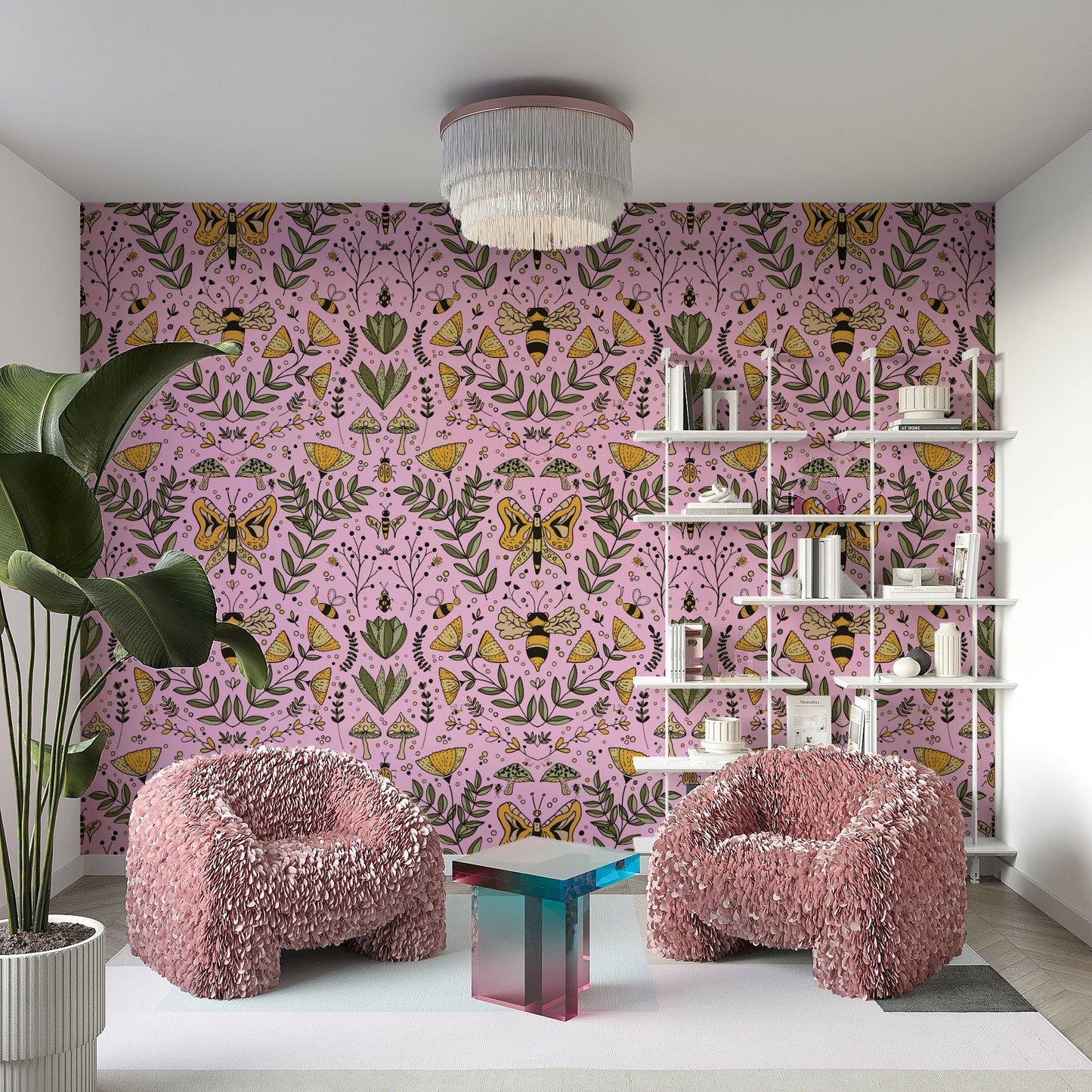 Wallpaper with various floral and animal motifs.

