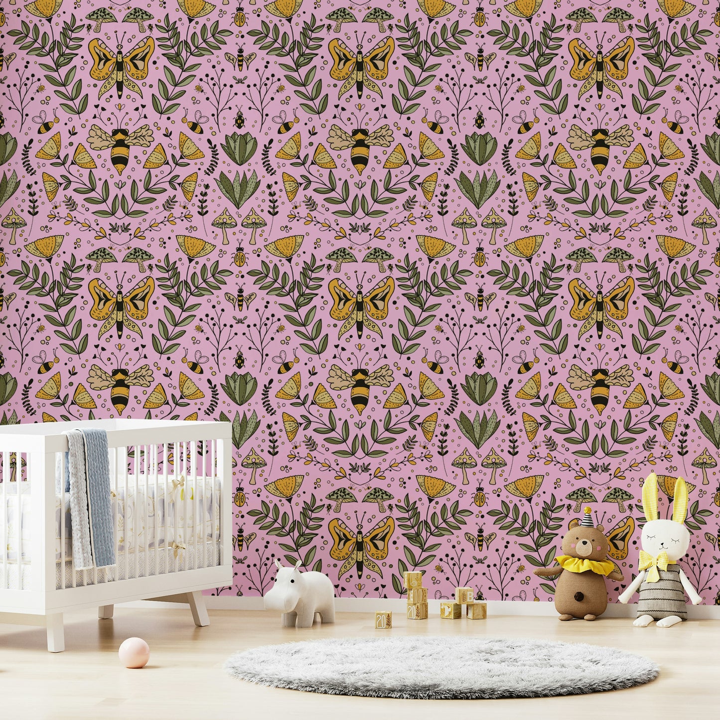 Wallpaper with a mix of pink, yellow, brown, and green colors.

