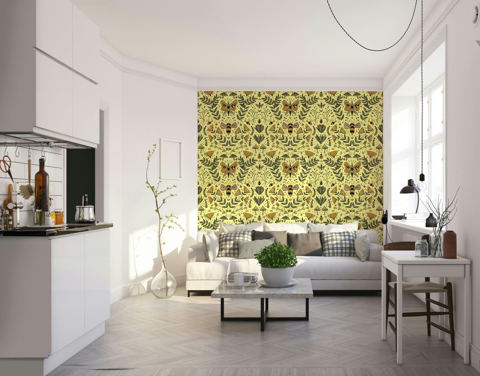Wallpaper with a mix of yellow, mustard, and green colors.

