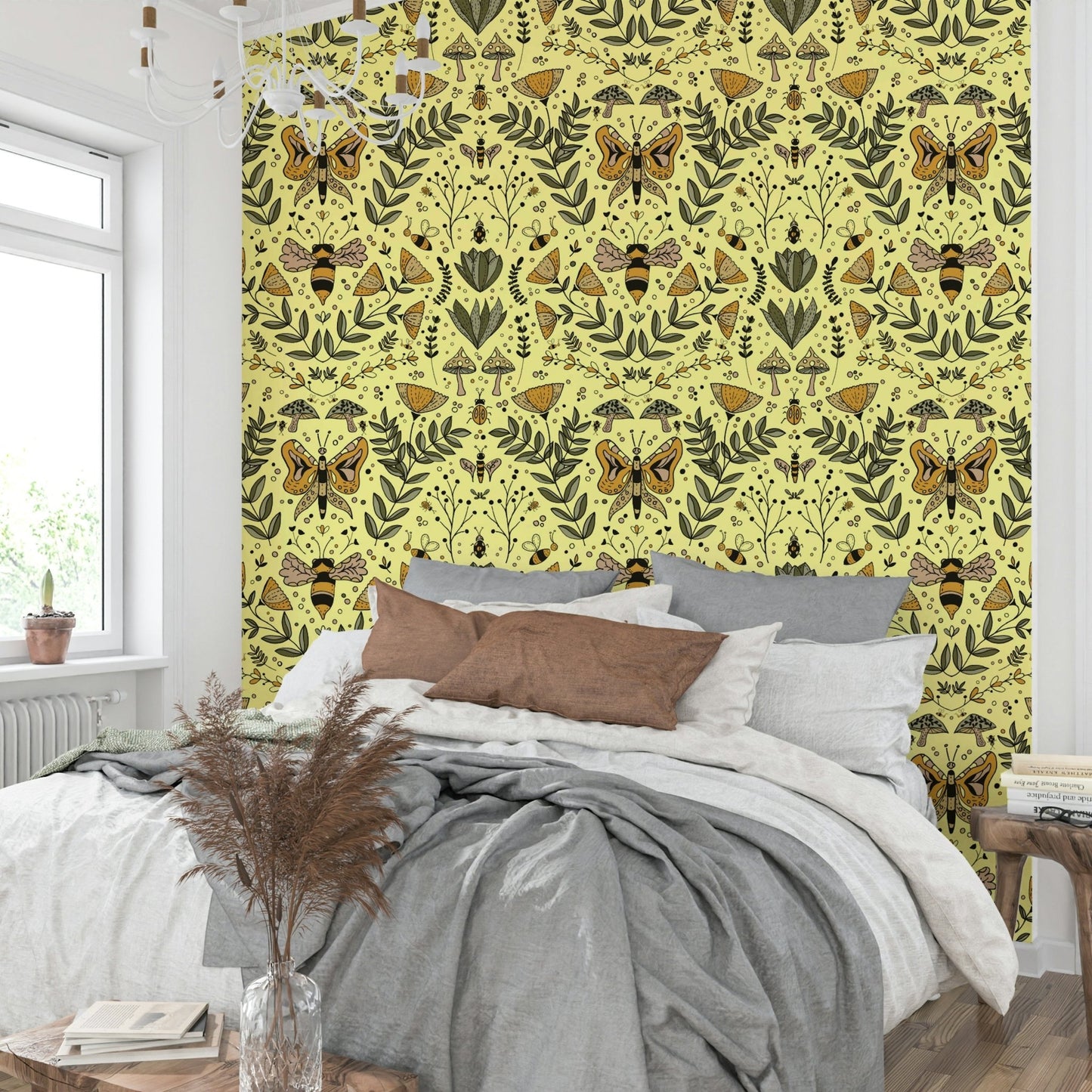 Wallpaper with various floral and animal motifs.

