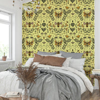 Wallpaper with various floral and animal motifs.


