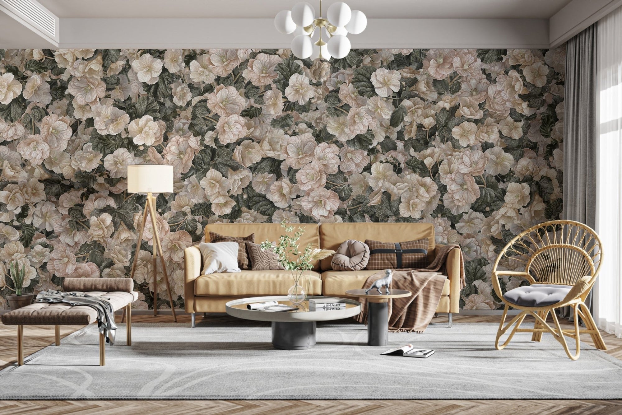 White begonia flower wallpaper for walls DTLI05
