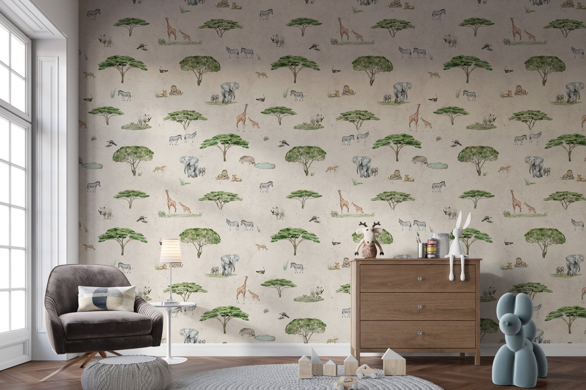 Safari nursery wallpaper with wild animals
