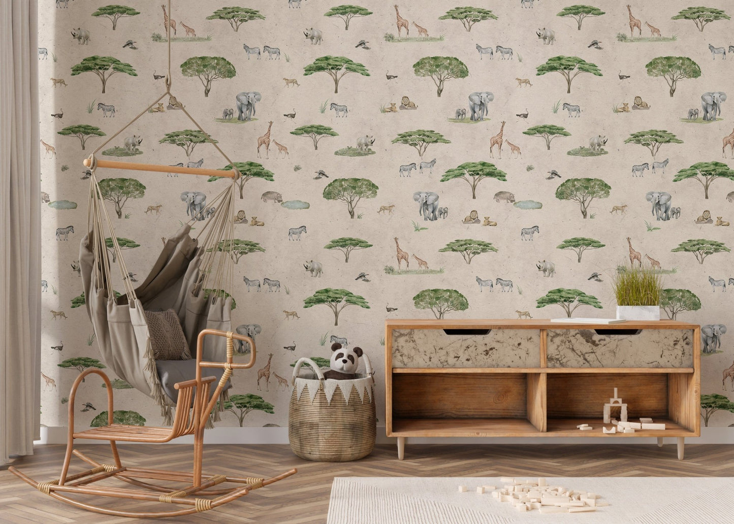 Beige savannah wallpaper with wild animals
