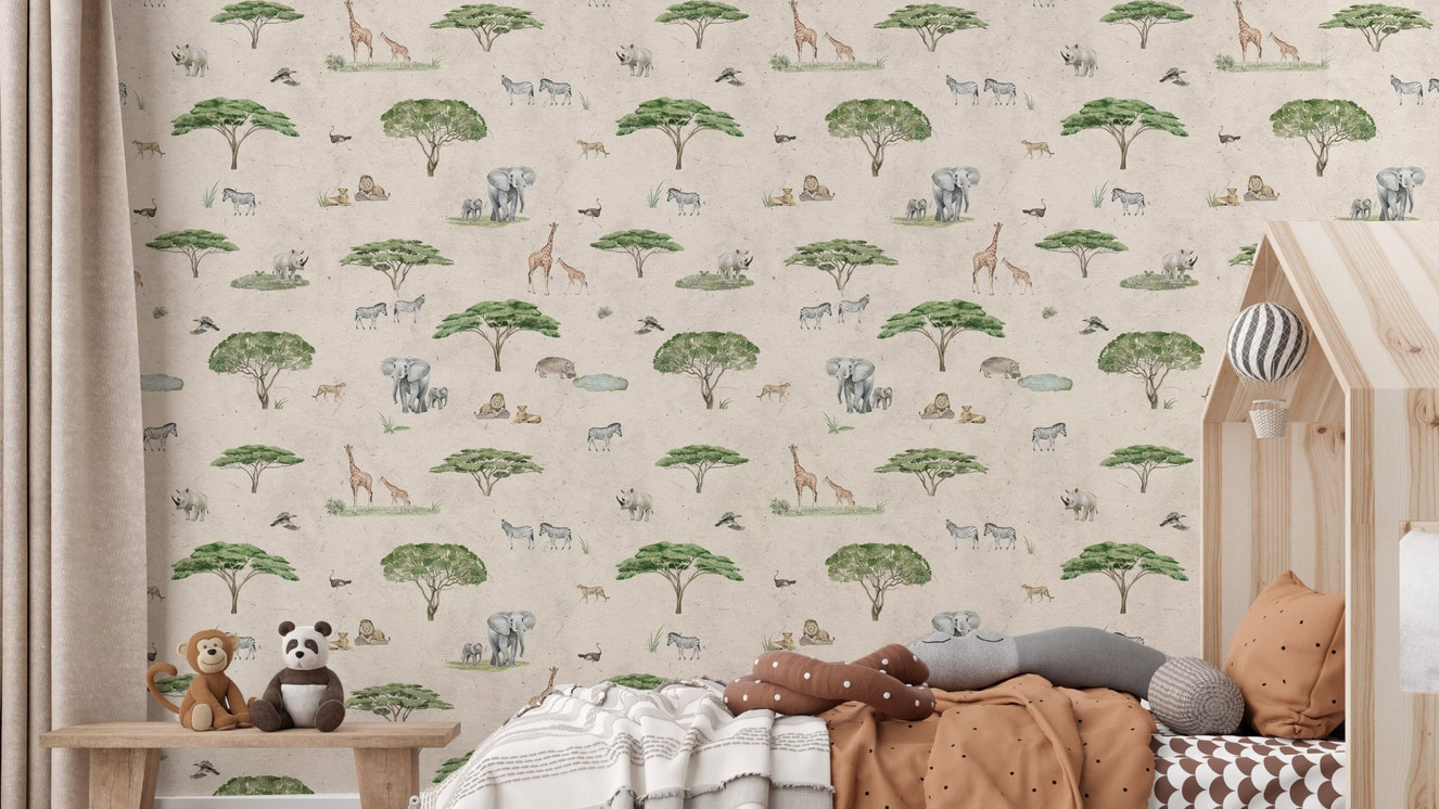 African safari wildlife wallpaper in beige

