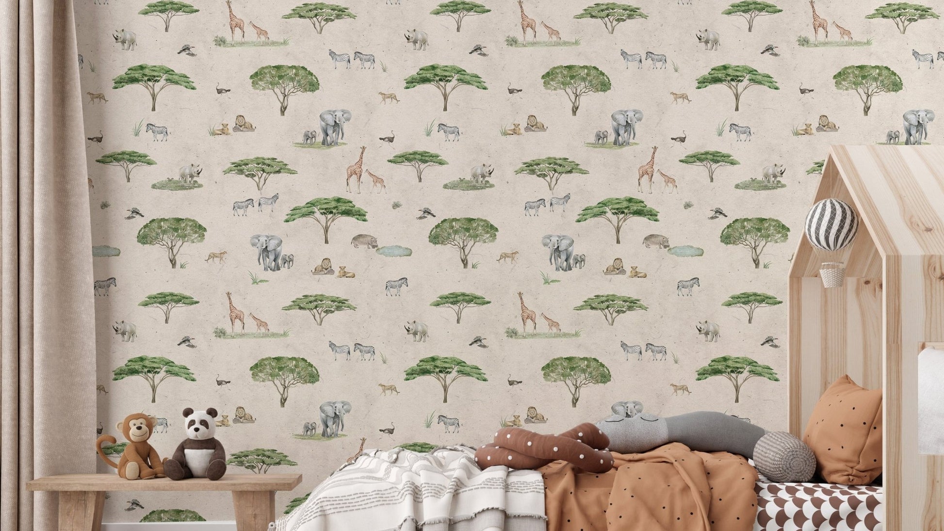 African safari wildlife wallpaper in beige
