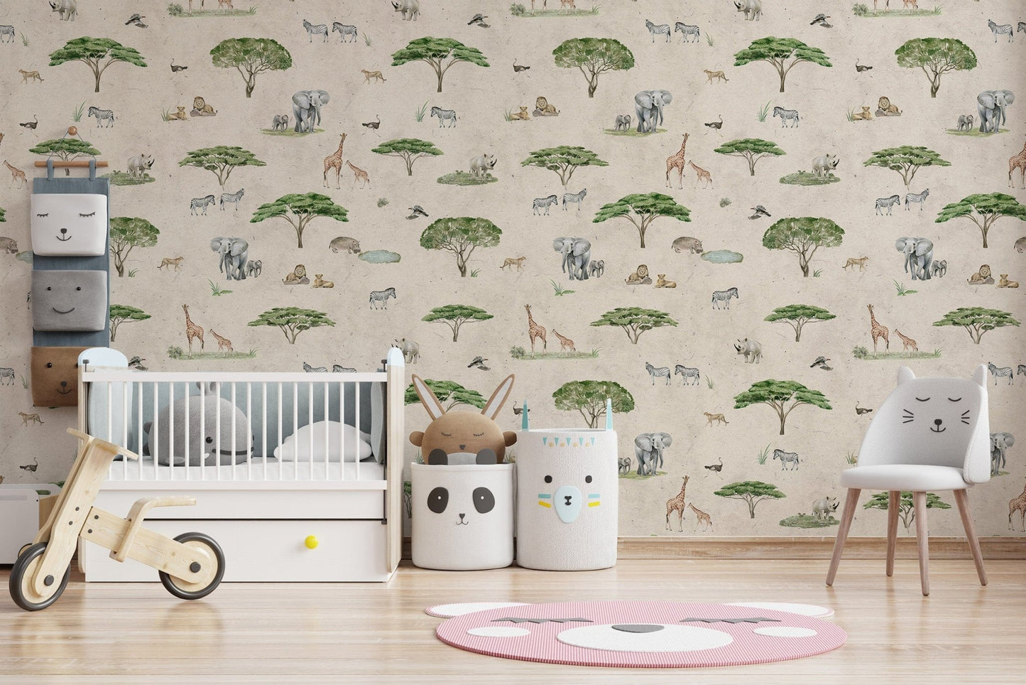 Hand-drawn African savannah mural design
