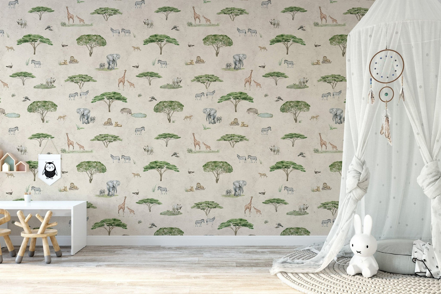 Elephants and zebras on beige wallpaper
