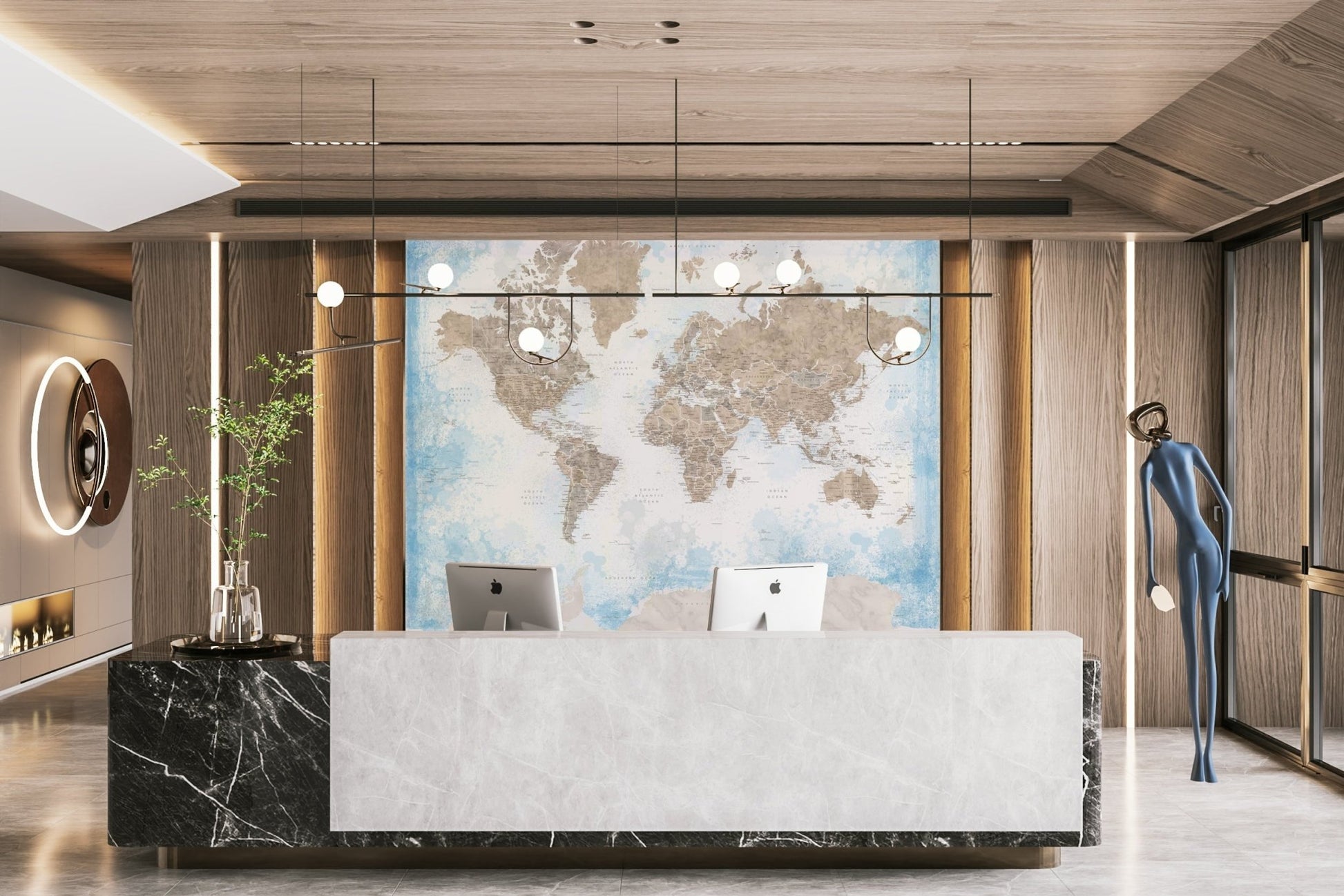 Beige and sky blue map wall covering

