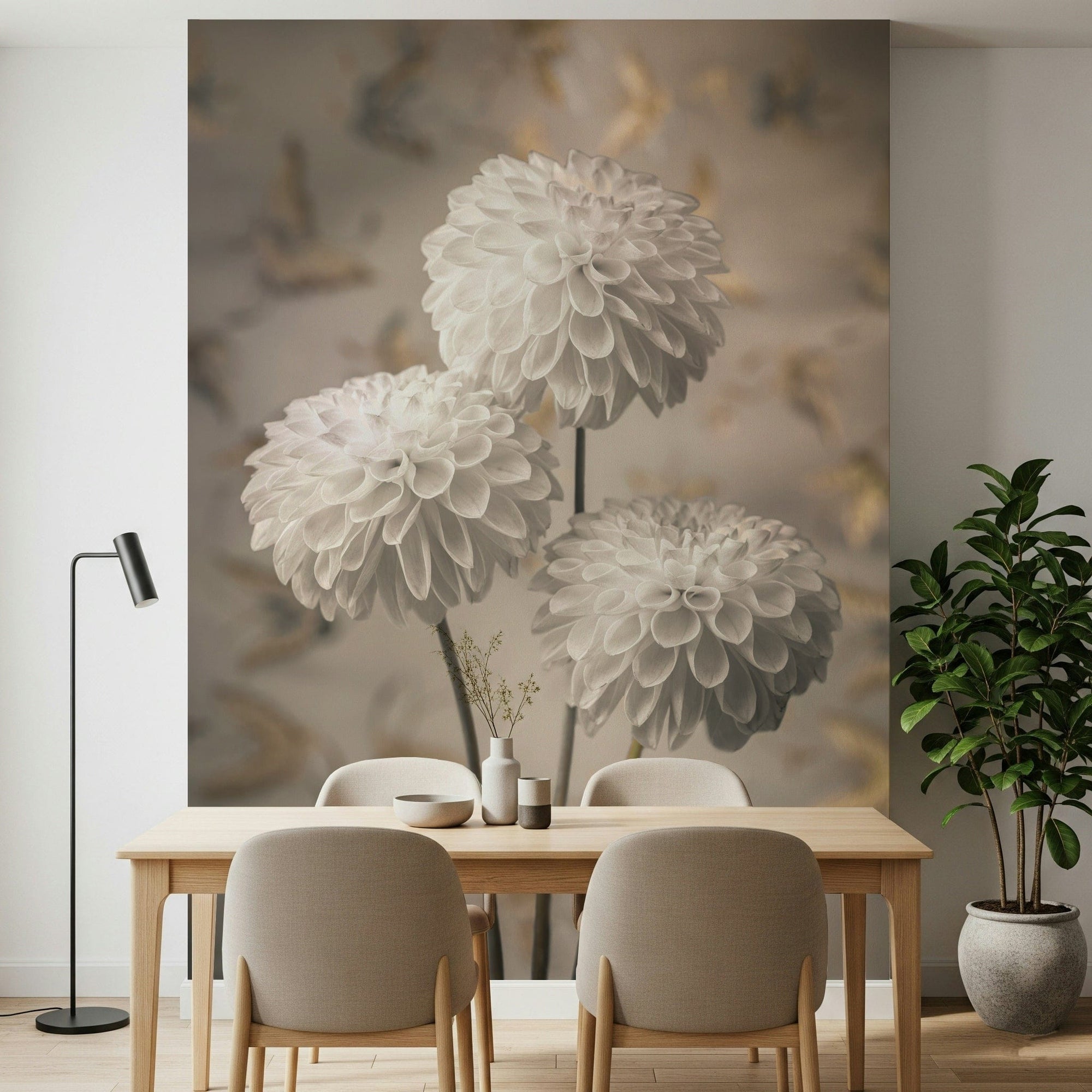Beige Blooms wall mural showing three white pompom flowers on slim stems GD7393
