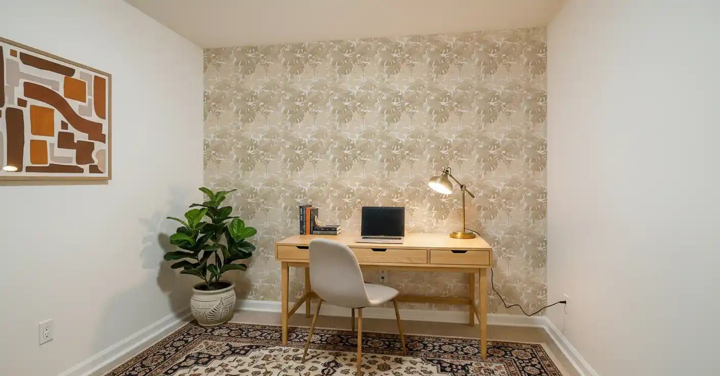 Cozy Study corner with Beige Botanical Embrace Monstera Foliage Wallpaper, GD8944
