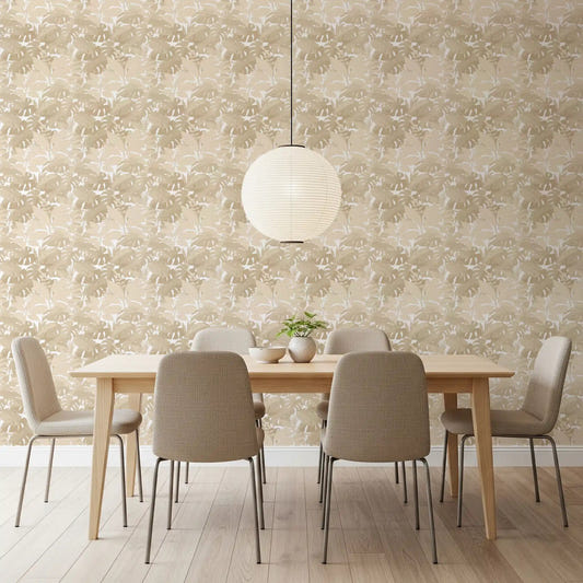Beige Botanical Embrace Monstera Foliage Wallpaper in a soft dining room