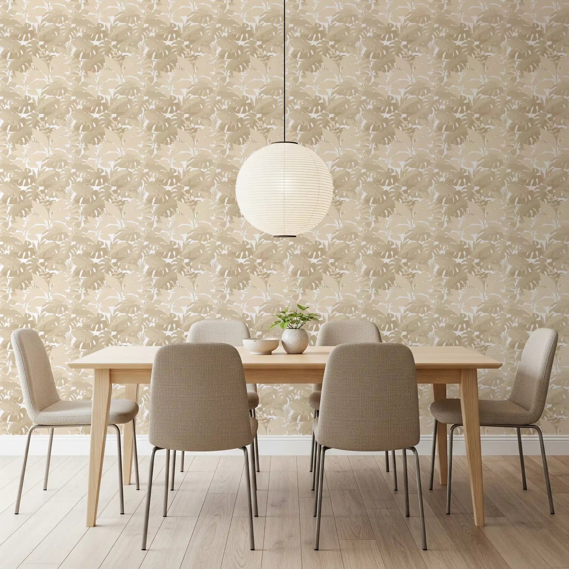 Beige Botanical Embrace Monstera Foliage Wallpaper in a soft dining room, GD8944