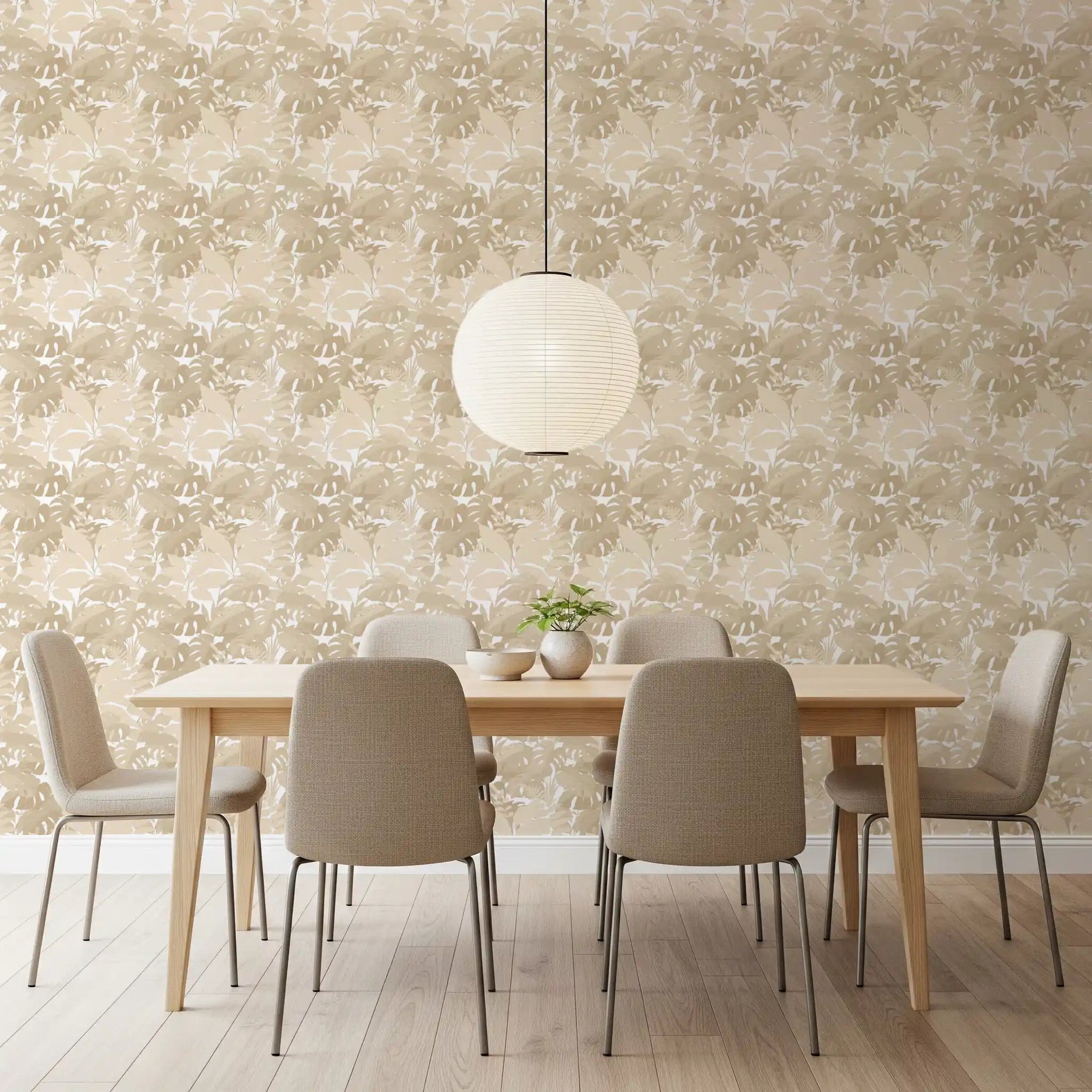 Beige Botanical Embrace Monstera Foliage Wallpaper in a soft dining room, GD8944