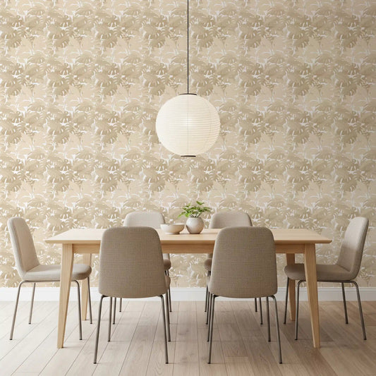 Beige Botanical Embrace Monstera Foliage Wallpaper in a soft dining room