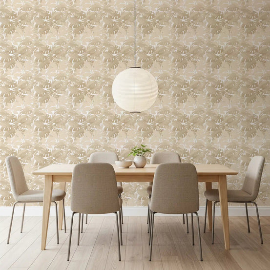 Beige Botanical Embrace Monstera Foliage Wallpaper in a soft dining room, GD8944