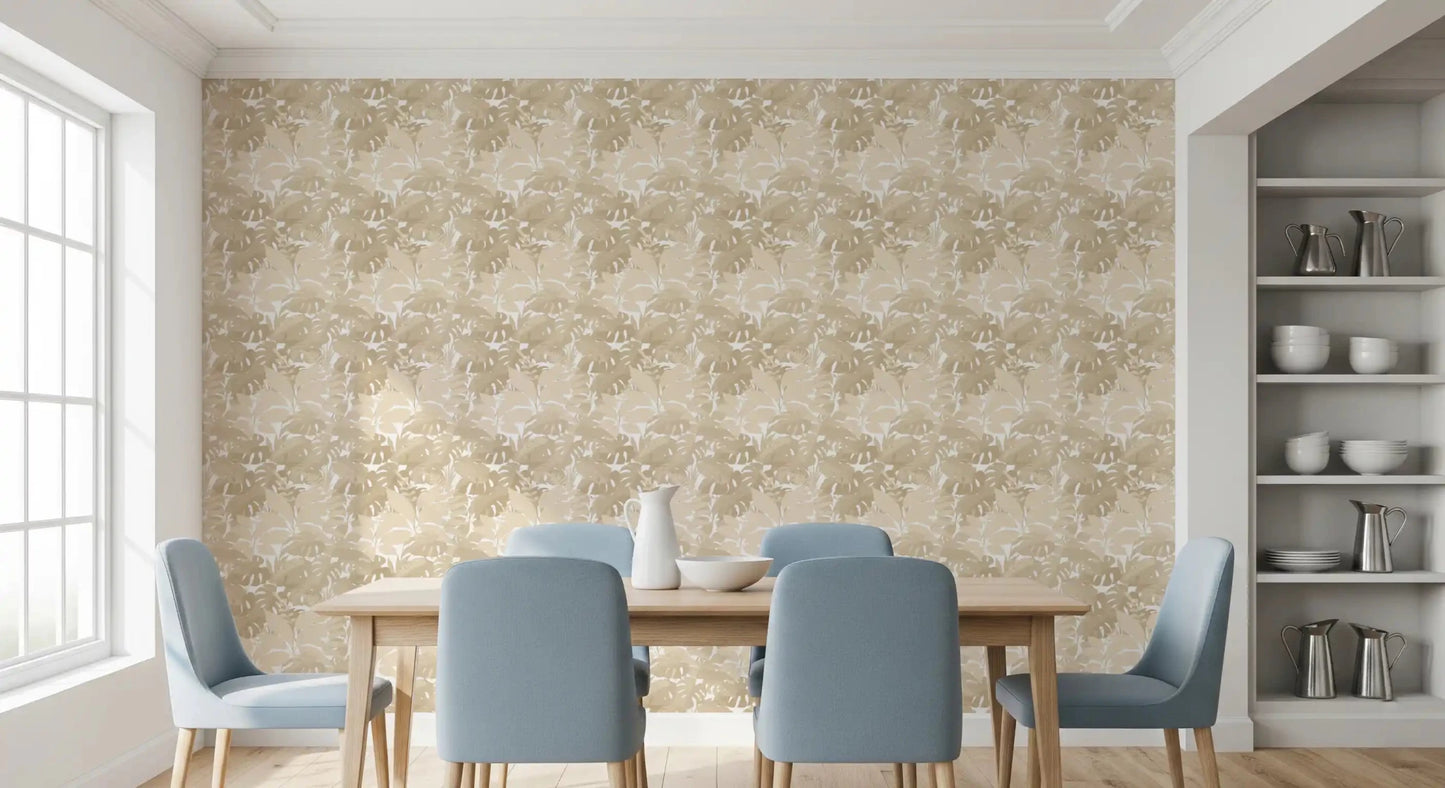 Dining area with blue chairs and Beige Botanical Embrace Monstera Foliage Wallpaper, GD8944
