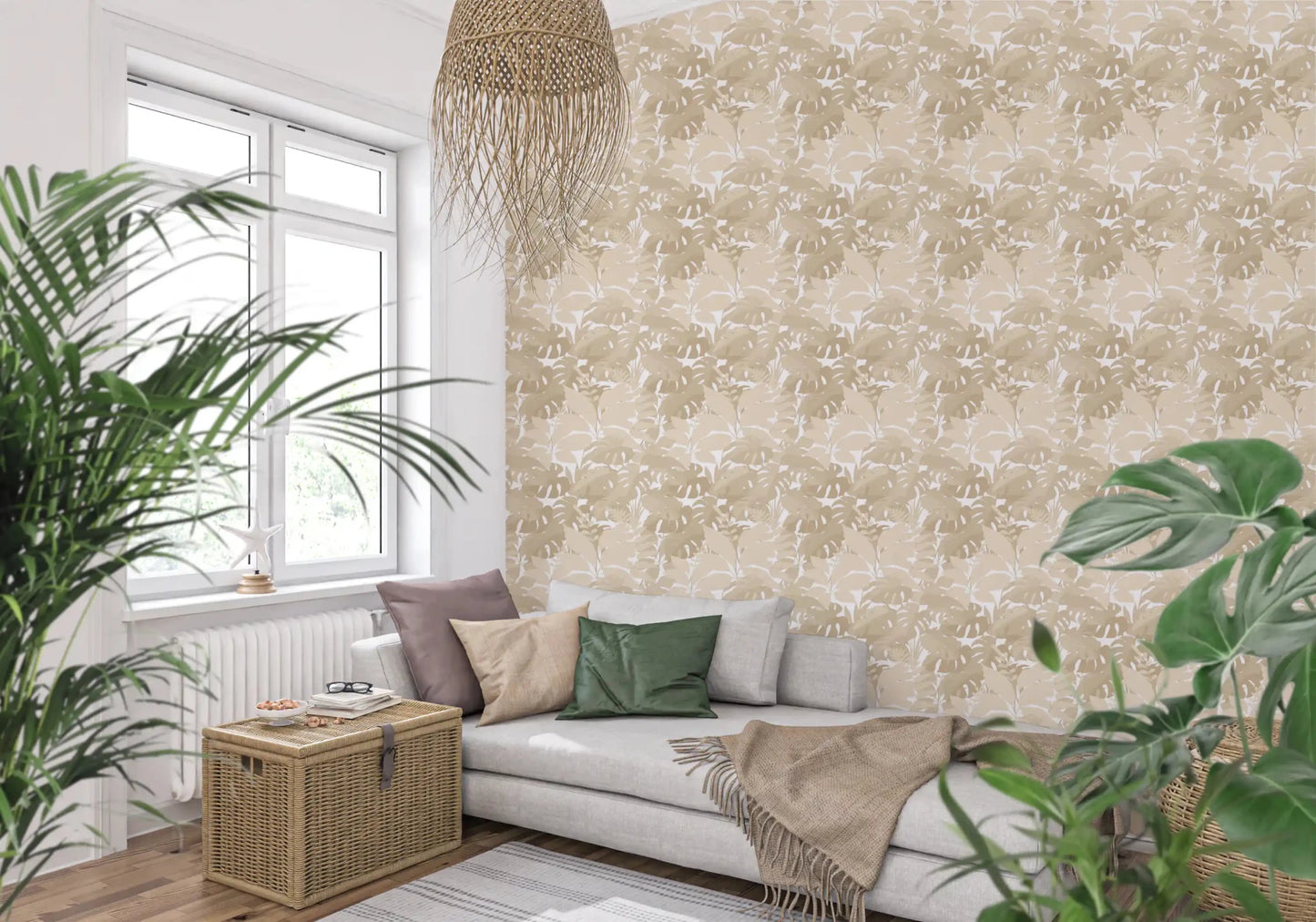 Neutral Living nook with Beige Botanical Embrace Monstera Foliage Wallpaper, GD8944