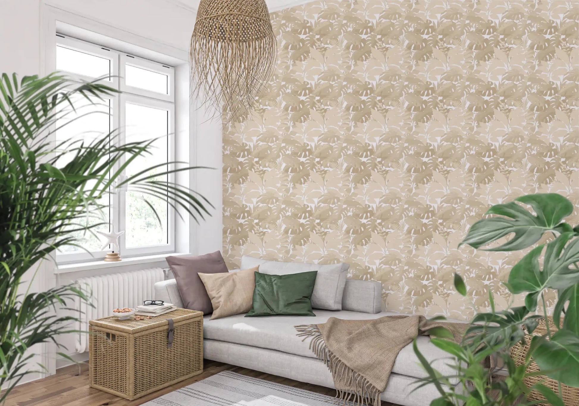 Neutral Living nook with Beige Botanical Embrace Monstera Foliage Wallpaper, GD8944