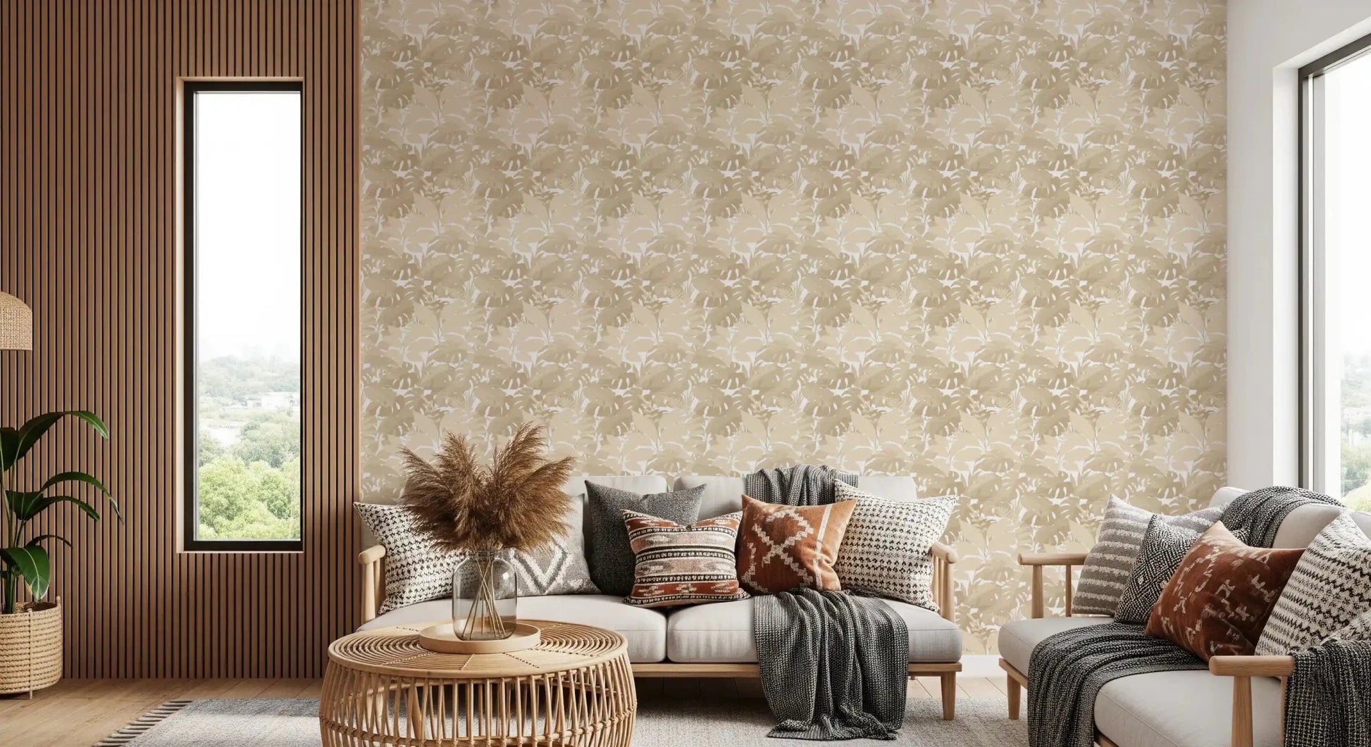 Warm lounge finished with Beige Botanical Embrace Monstera Foliage Wallpaper, GD8944