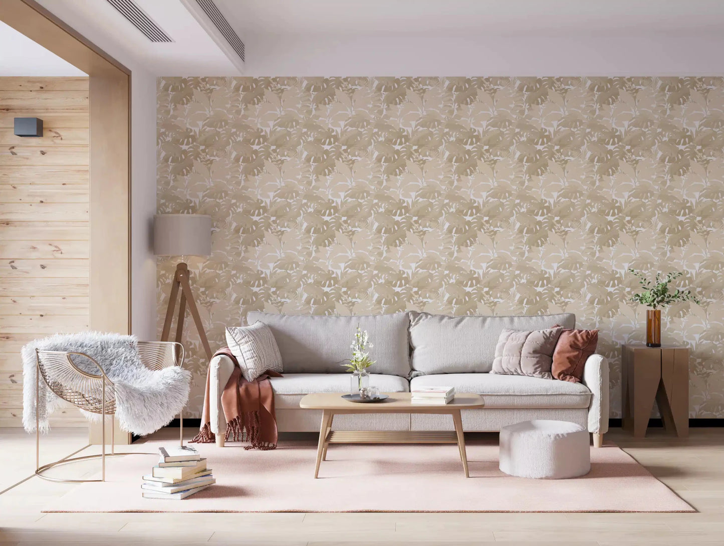 Airy living space styled with Beige Botanical Embrace Monstera Foliage Wallpaper, GD8944