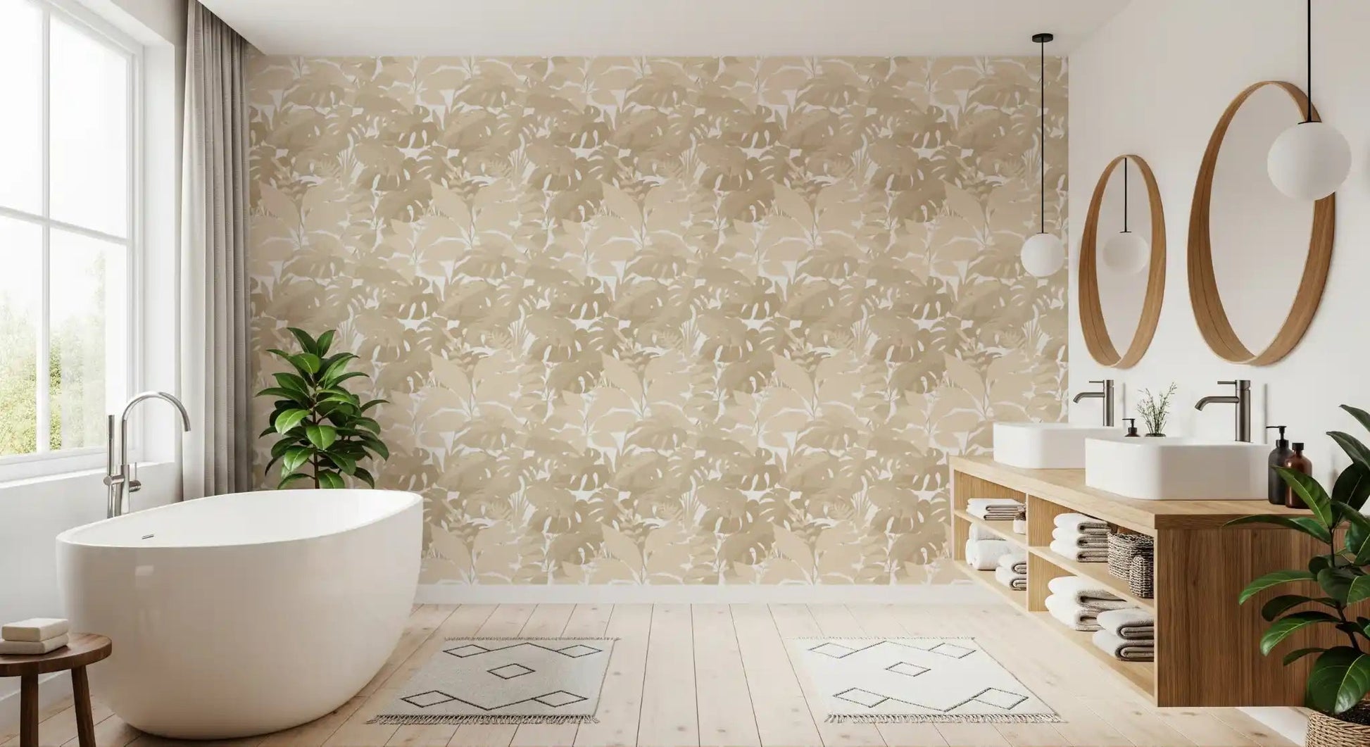 Beige Botanical Embrace Monstera Foliage Wallpaper in a clean bathroom, GD8944