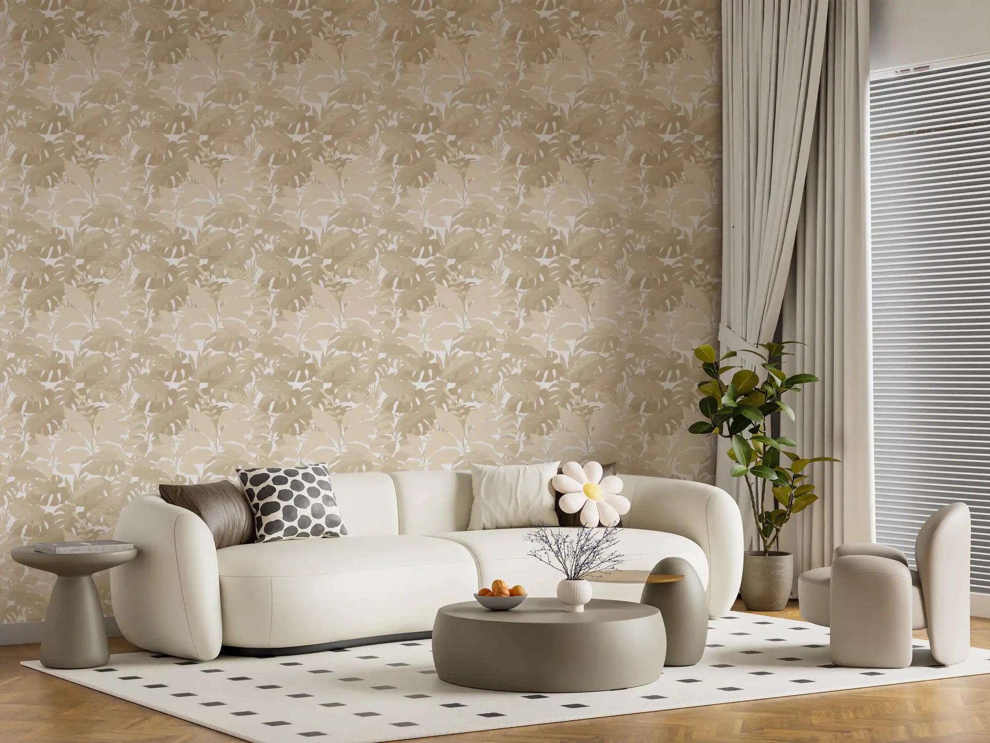 Beige Botanical Embrace Monstera Foliage Wallpaper behind a cream sofa setting, GD8944