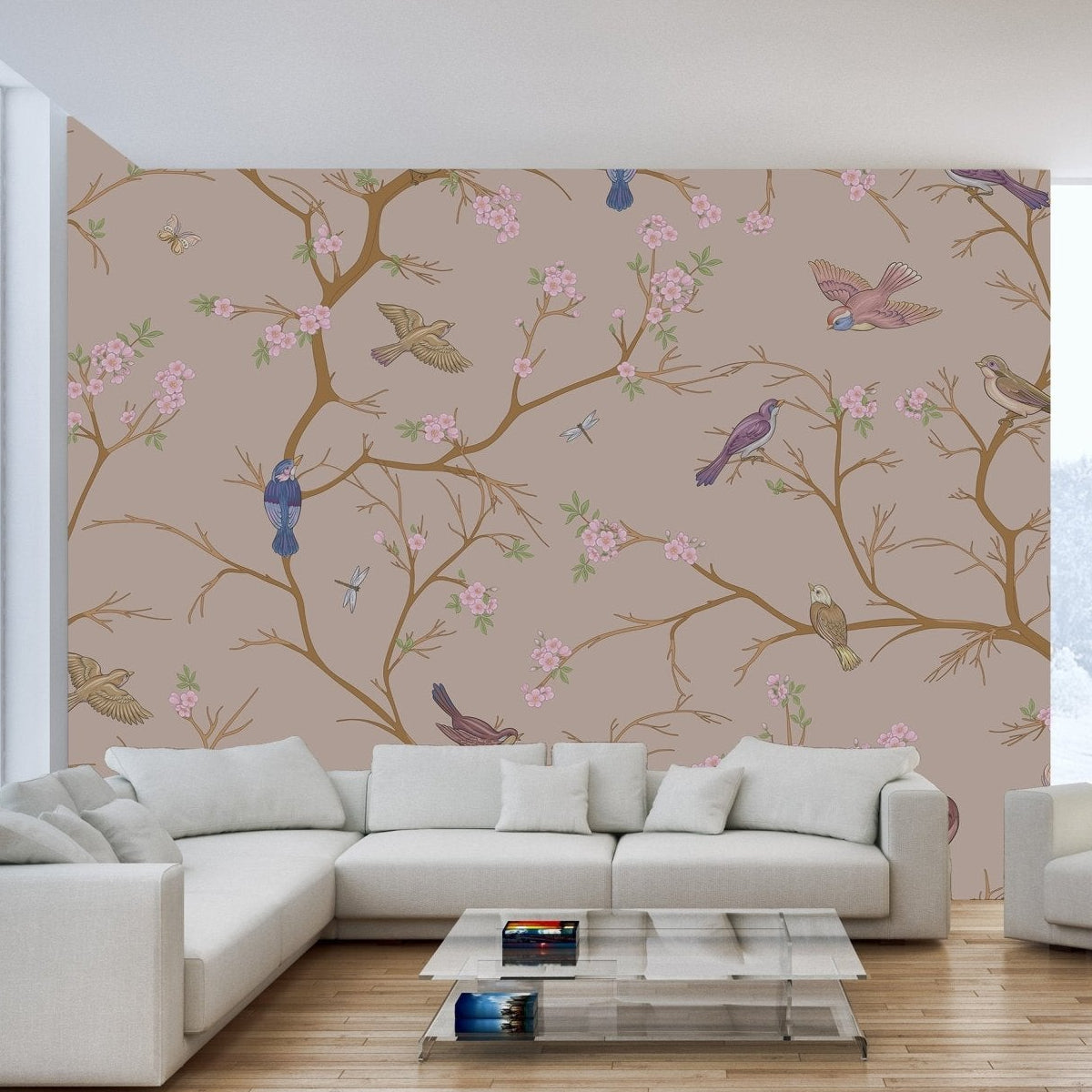 Beige chinoiserie wallpaper adds charm to living spaces C460