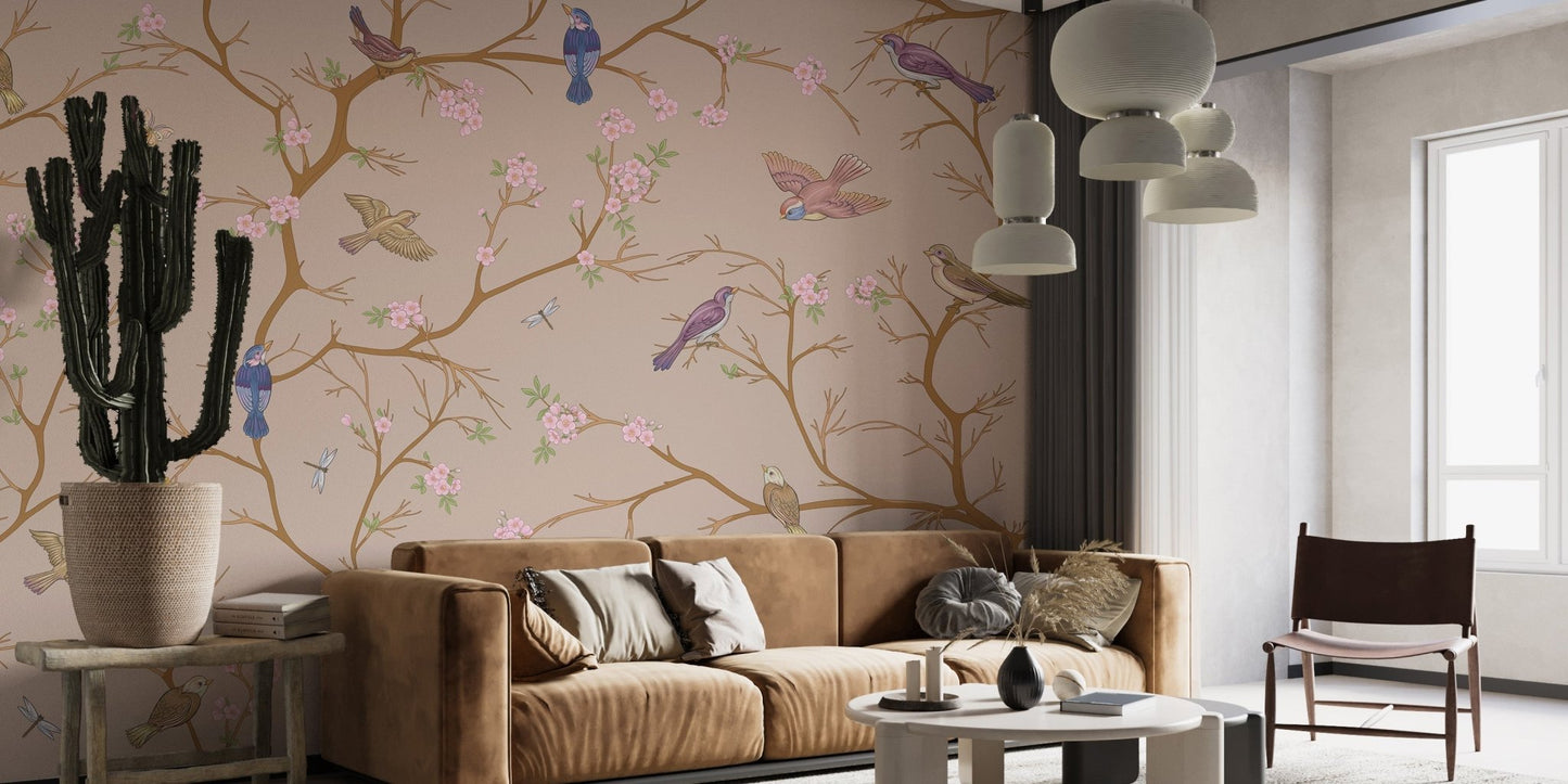 Beige Chinoiserie Wallpaper elevates living room aesthetics C460