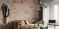 Beige Chinoiserie Wallpaper elevates living room aesthetics C460