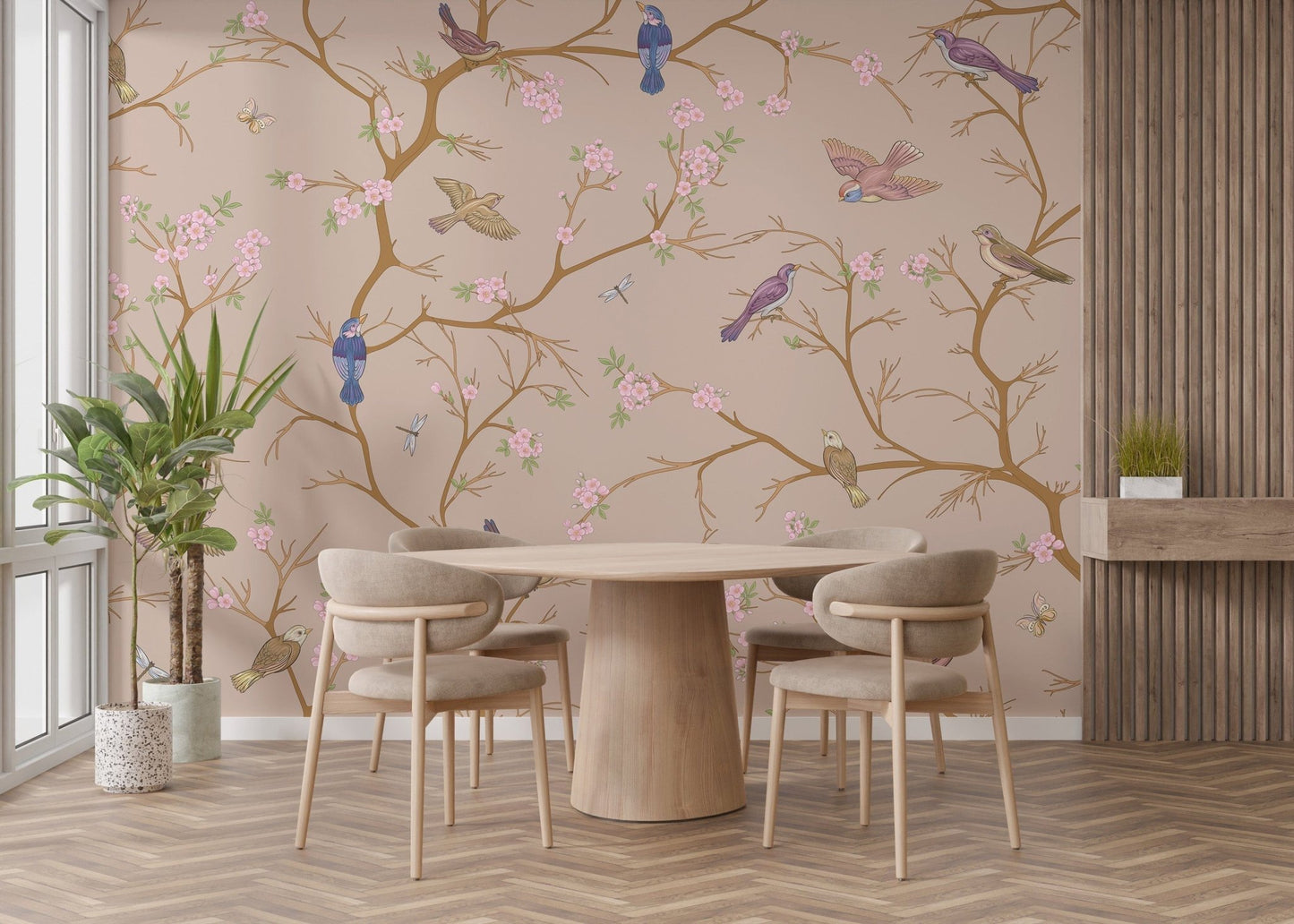 Beige Chinoiserie Wallpaper creates an elegant dining space C460