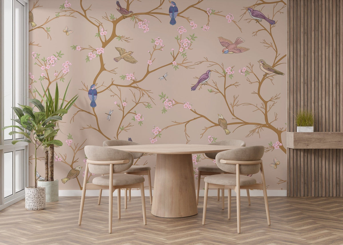 Beige Chinoiserie Wallpaper creates an elegant dining space C460
