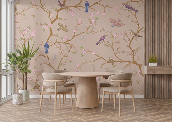 Beige Chinoiserie Wallpaper creates an elegant dining space C460
