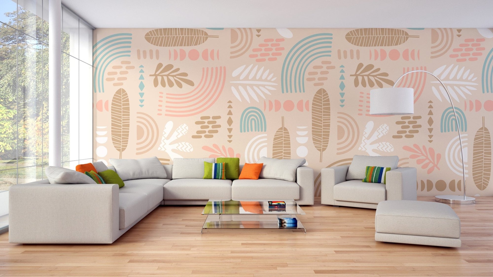 Living Room Focus: Beige Tropical Wallpaper Look A581