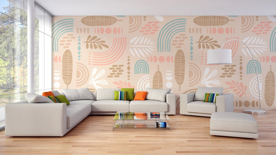 Living Room Focus: Beige Tropical Wallpaper Look A581