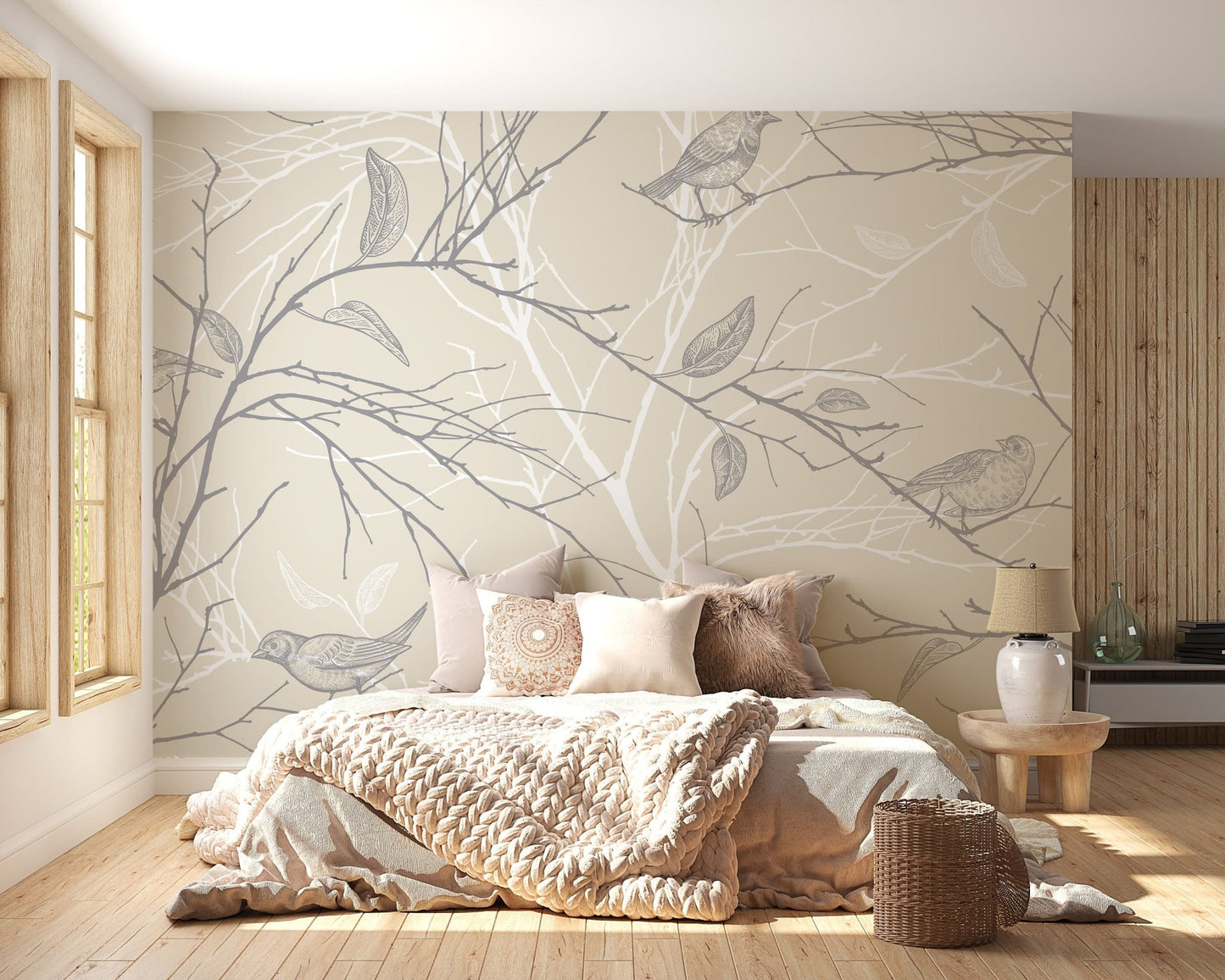 Spring Floral with Gray Birds Wallpaper - Giffywalls A663