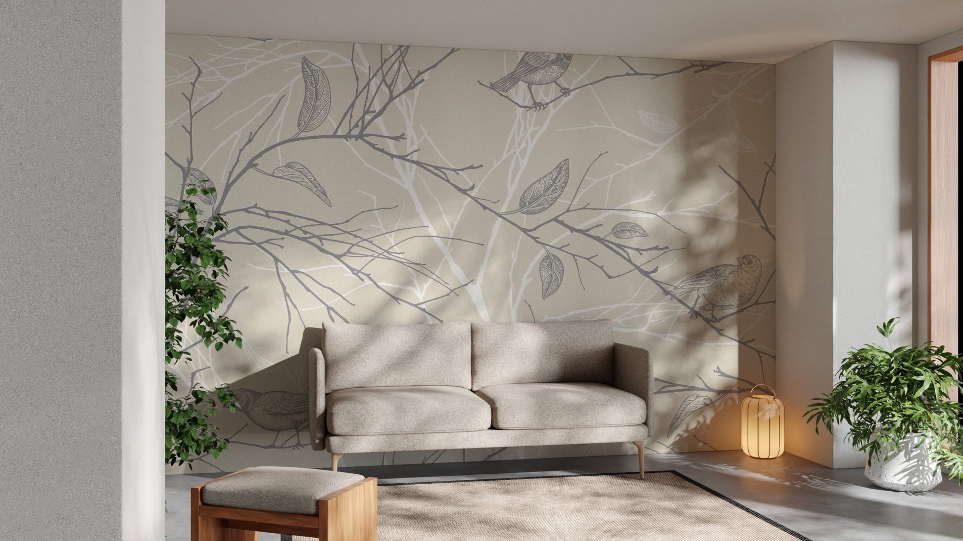 Spring floral wallpaper with elegant gray birds A663
