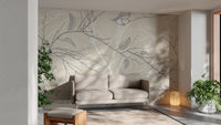 Spring floral wallpaper with elegant gray birds A663
