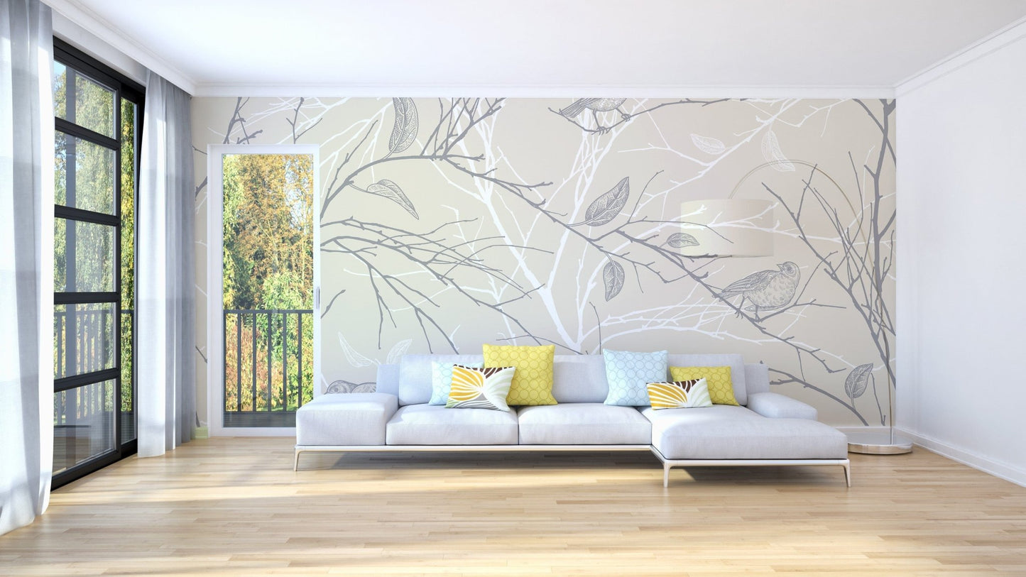 Graceful gray bird wallpaper with floral details A663
