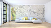 Graceful gray bird wallpaper with floral details A663
