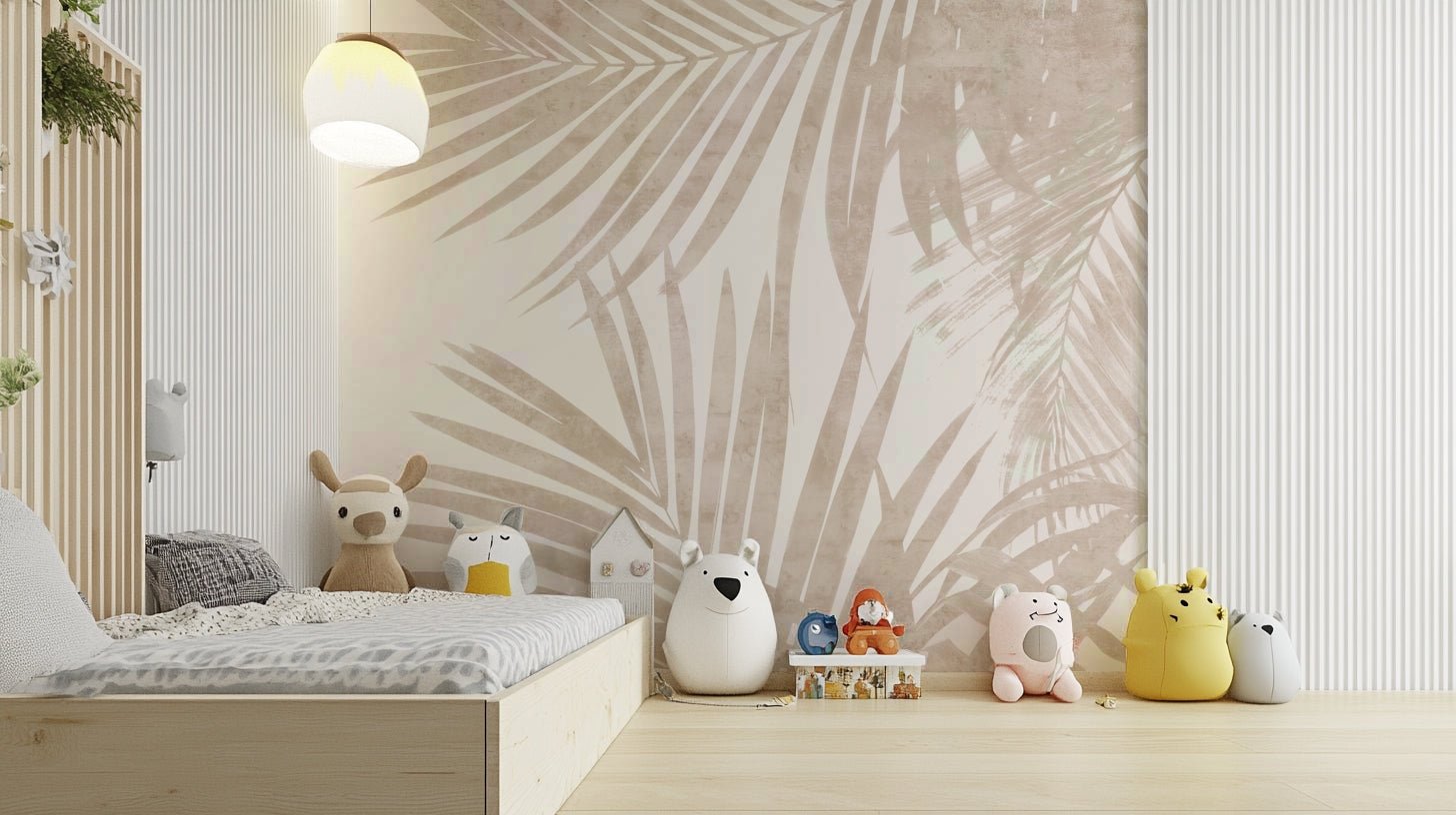 A beautiful beige jungle botanical wallpaper mural., GD4585