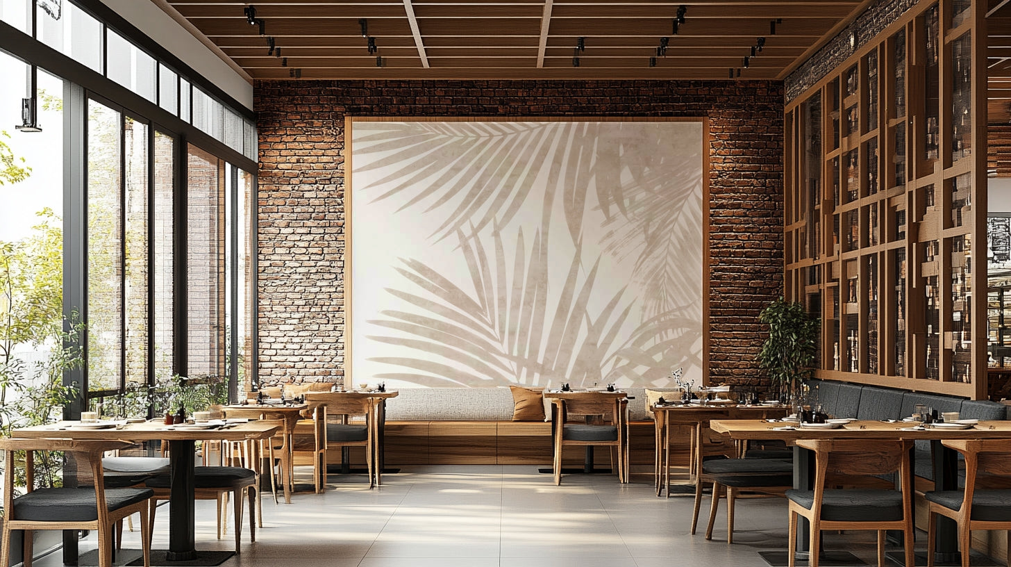 A dramatic jungle leaf wallpaper mural that defines a space.

