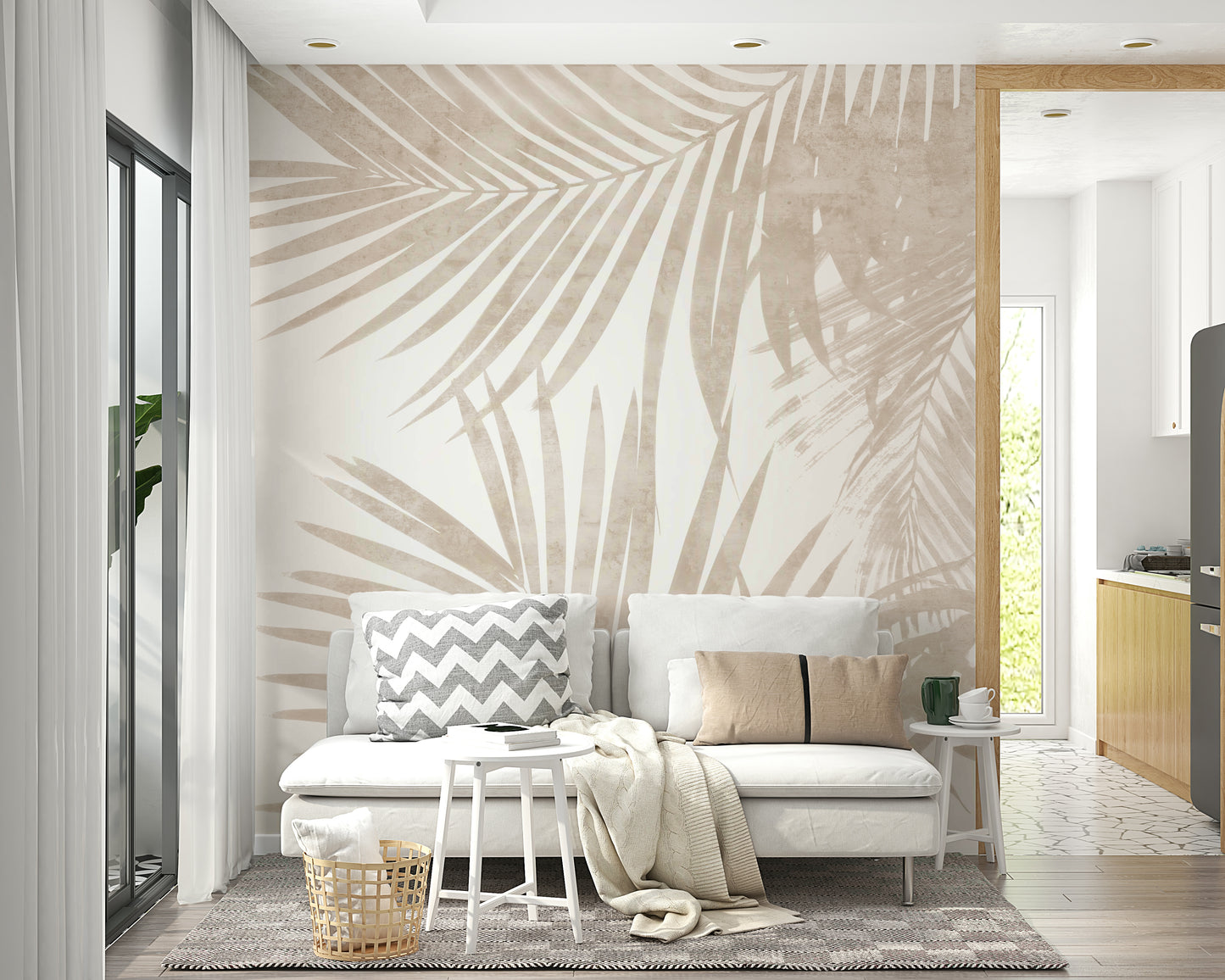 A tasteful palm leaf wall mural of exotic plants.

