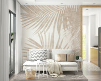 A tasteful palm leaf wall mural of exotic plants.

