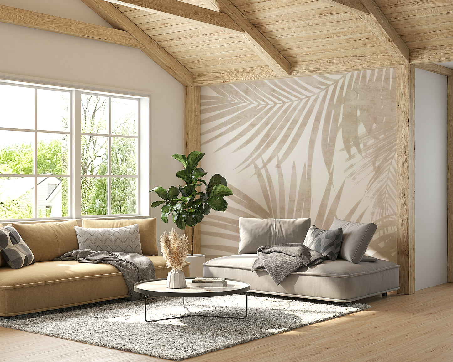 A graceful tropical wall mural in neutral tones.

