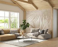 A graceful tropical wall mural in neutral tones.

