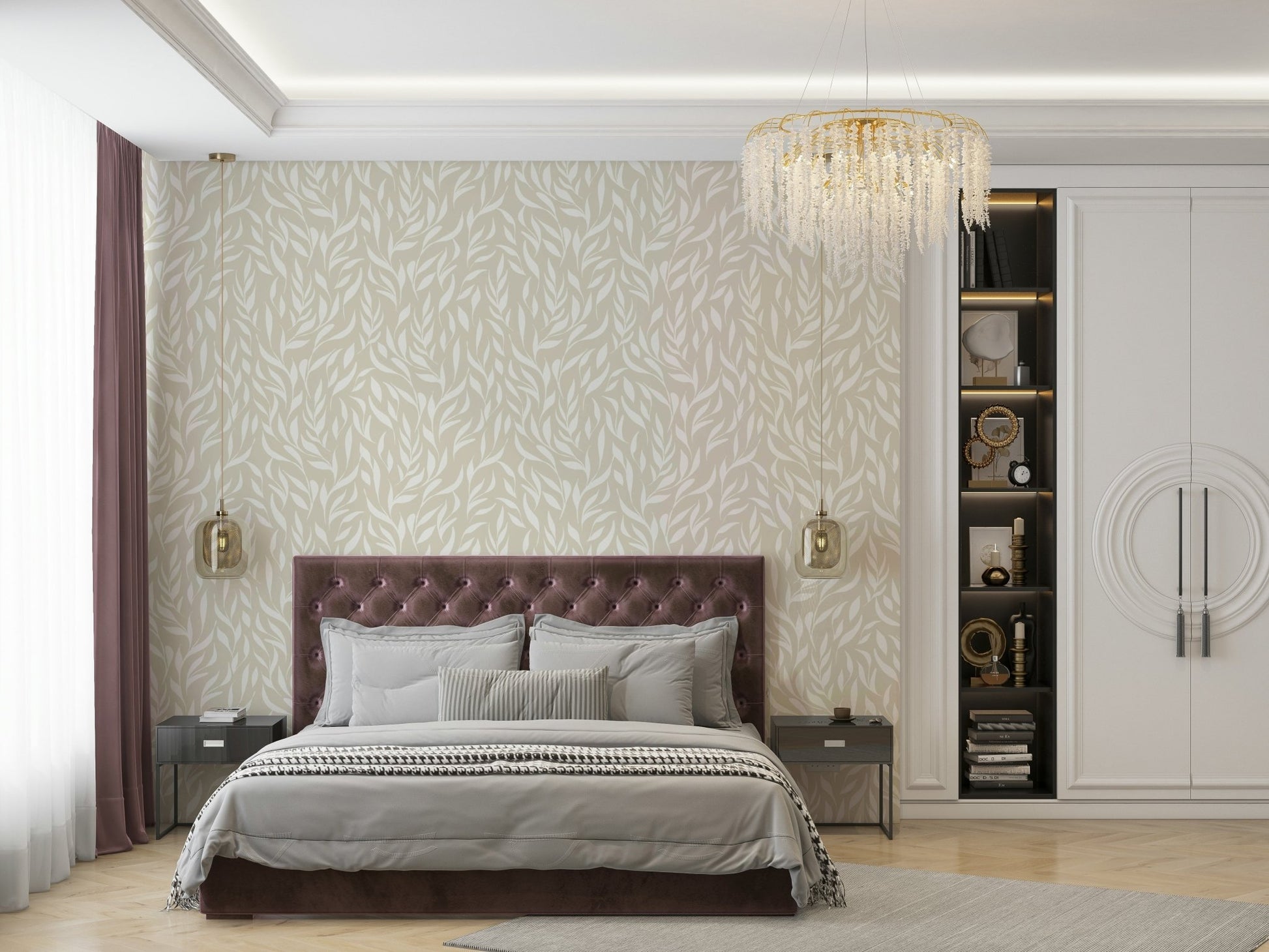 An angled shot of a wall with peaceful wallpaper


