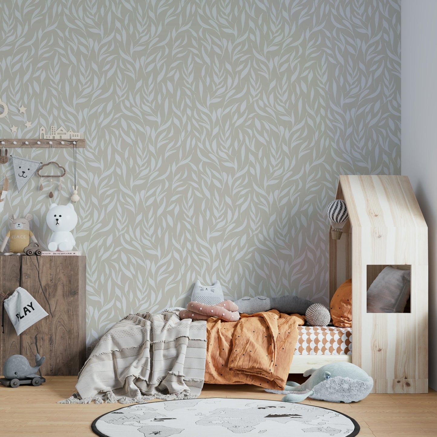 An interior with a soft and peaceful accent wall

